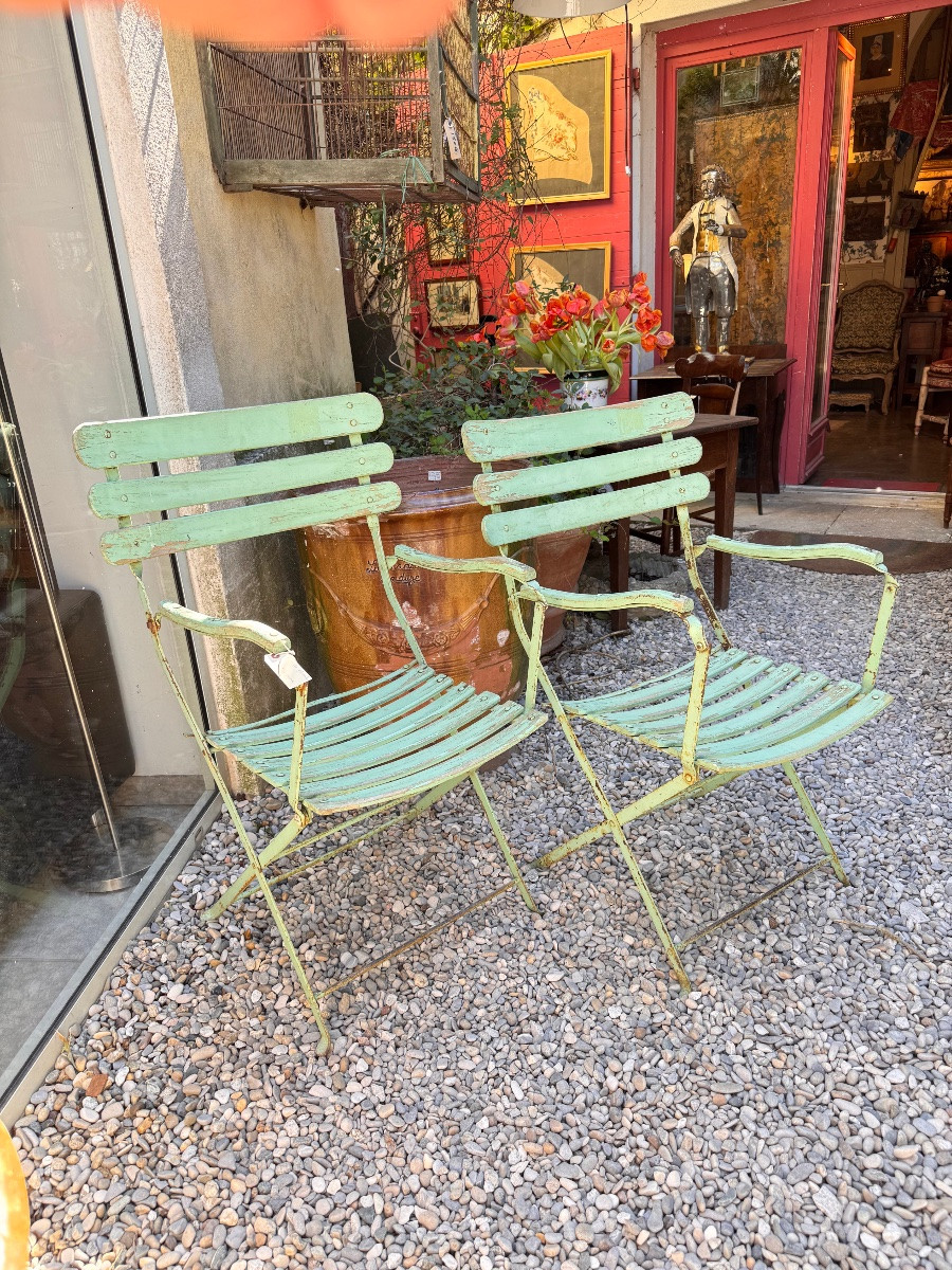 Pair Of Large 19th-century Folding Garden Armchairs In Iron And Wood --photo-2