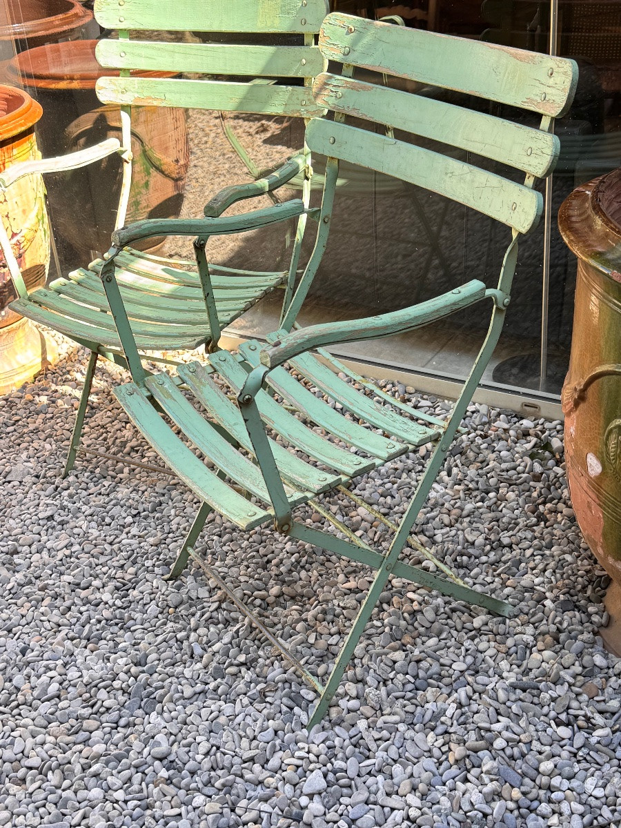 Pair Of Large 19th-century Folding Garden Armchairs In Iron And Wood --photo-4