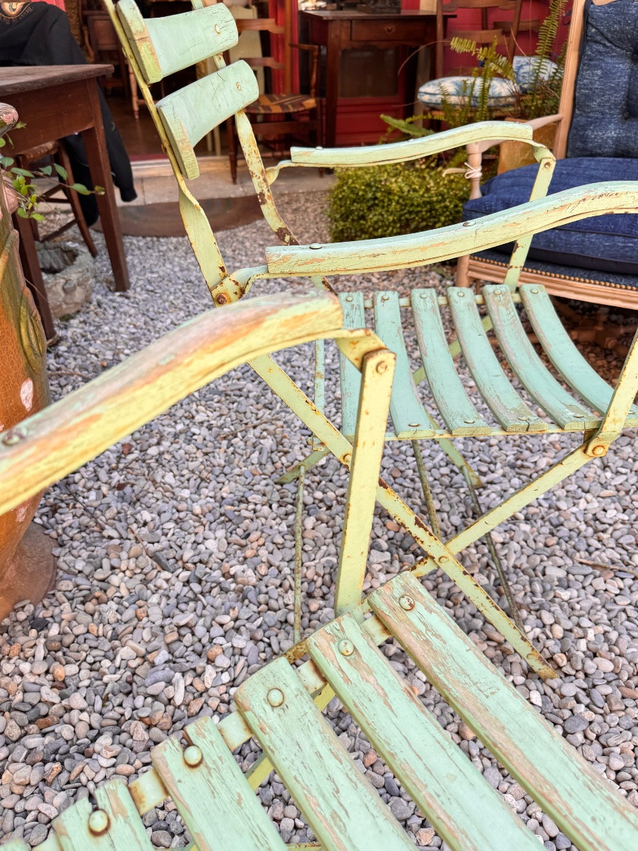 Pair Of Large 19th-century Folding Garden Armchairs In Iron And Wood --photo-5