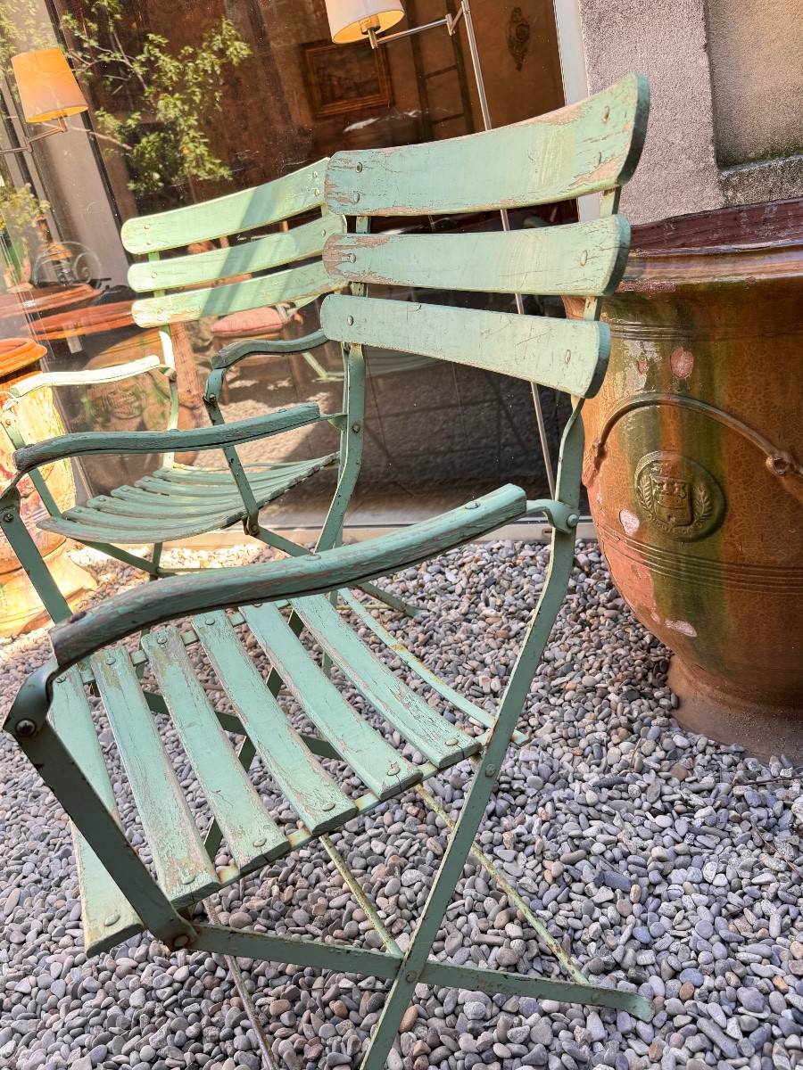 Pair Of Large 19th-century Folding Garden Armchairs In Iron And Wood --photo-7