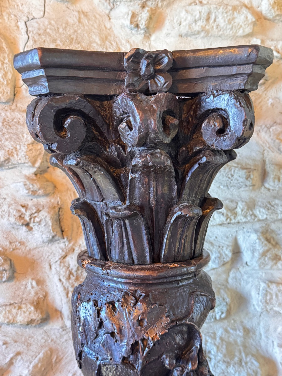 Paire de colonnes torses en bois sculpté – XVIIe siècle-photo-2