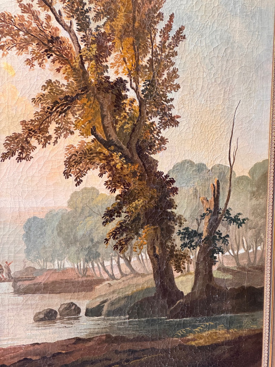 Grande peinture à l’huile – Paysage animé devant une tour de garde – Époque XVIIIe siècle-photo-3