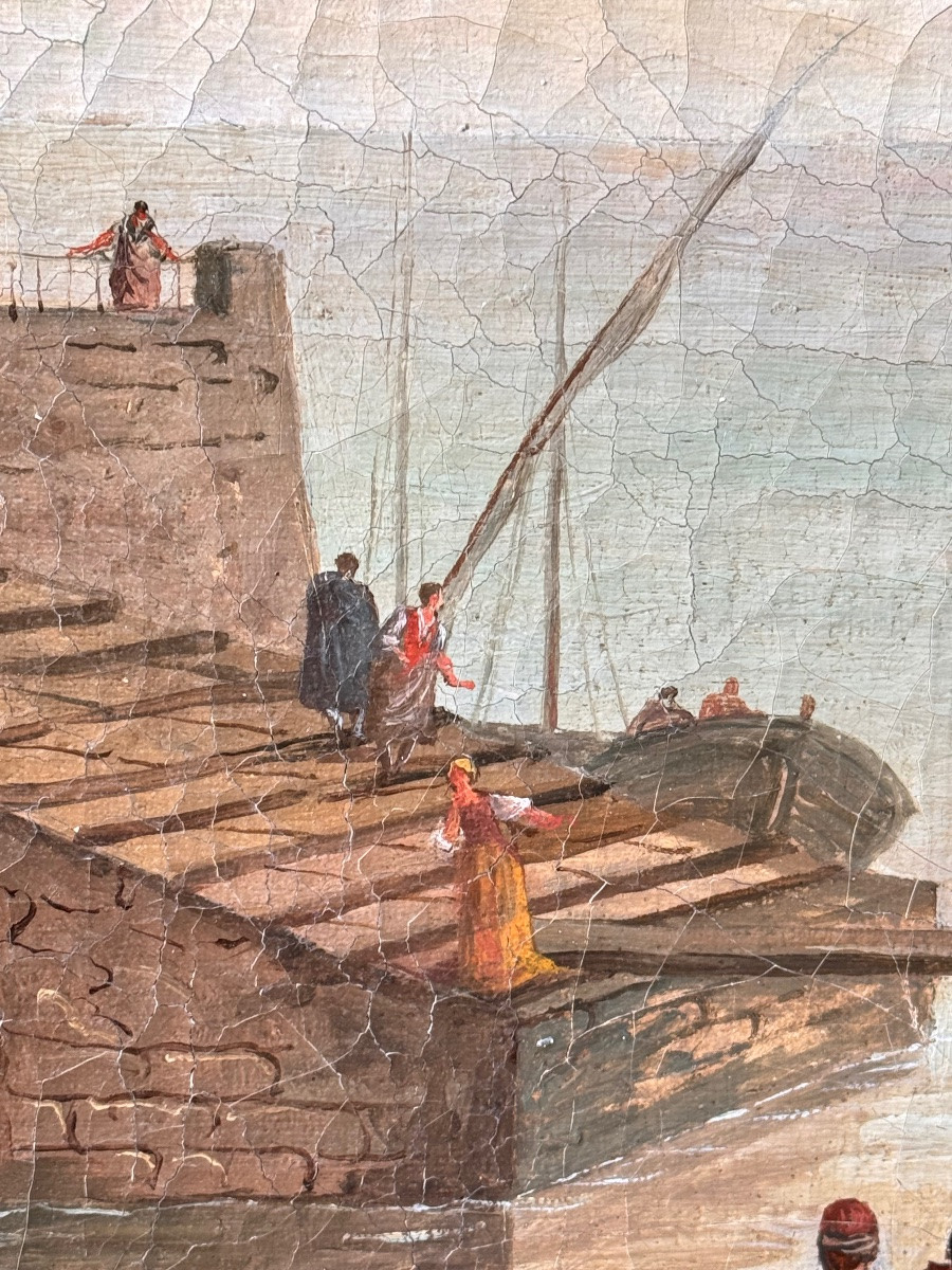 Grande peinture à l’huile – Paysage animé devant une tour de garde – Époque XVIIIe siècle-photo-1