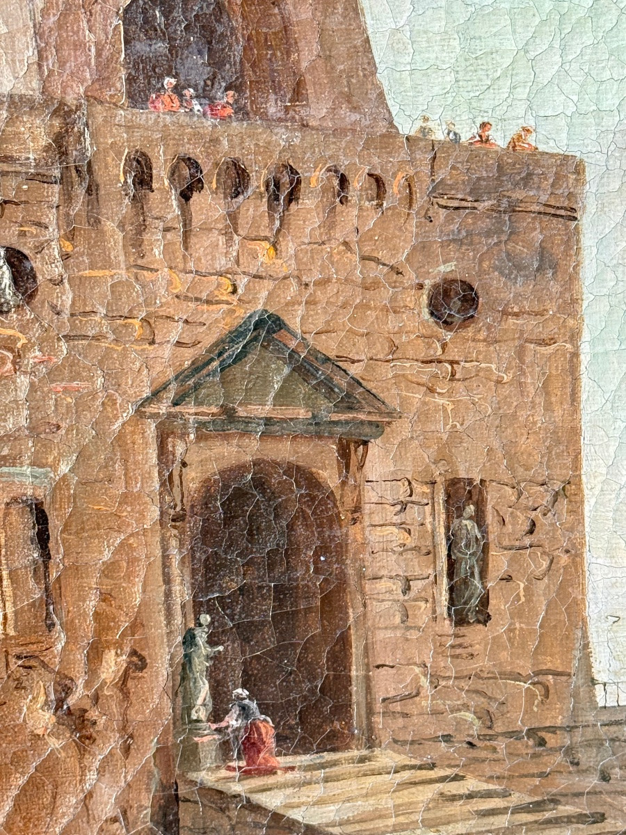 Grande peinture à l’huile – Paysage animé devant une tour de garde – Époque XVIIIe siècle-photo-2