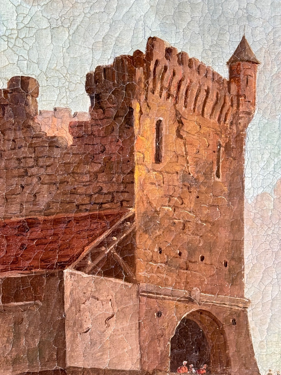 Grande peinture à l’huile – Paysage animé devant une tour de garde – Époque XVIIIe siècle-photo-3