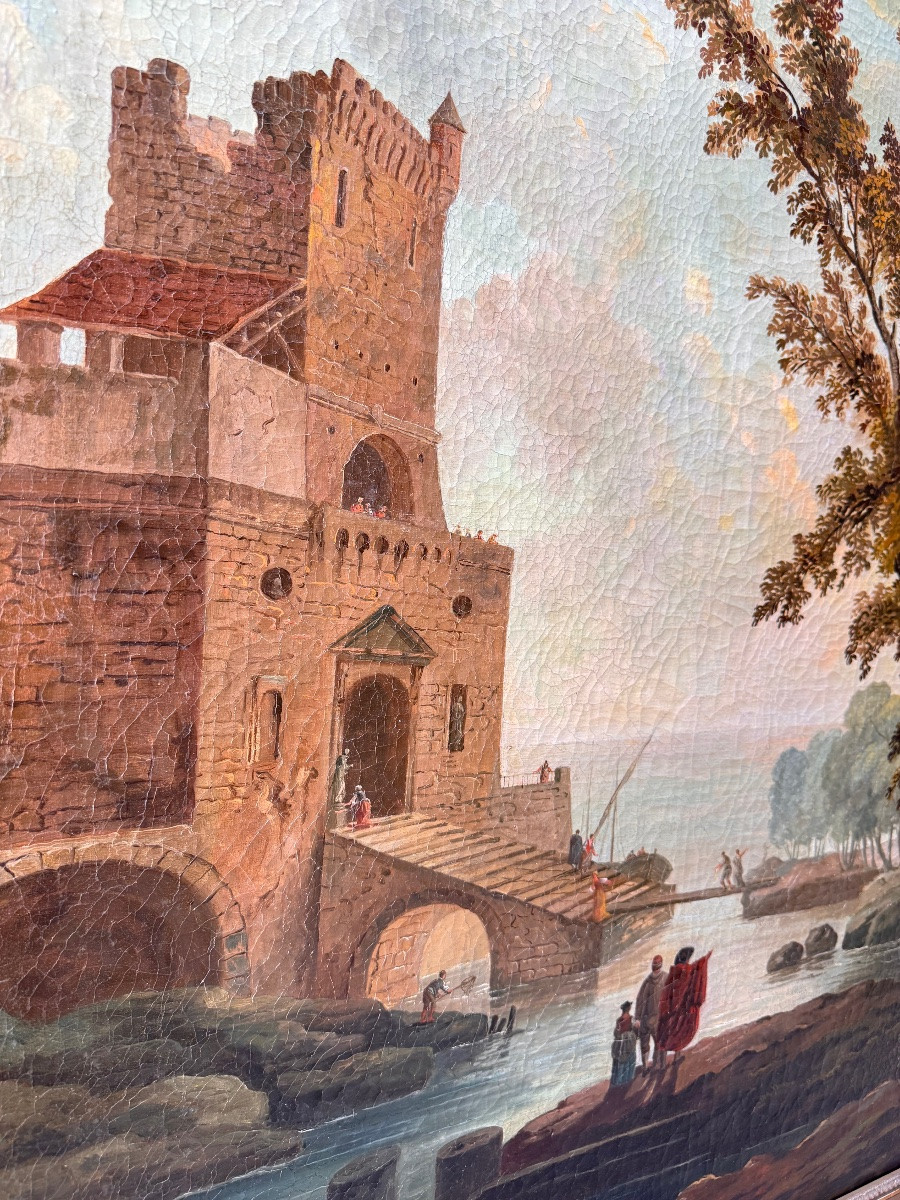 Grande peinture à l’huile – Paysage animé devant une tour de garde – Époque XVIIIe siècle-photo-4
