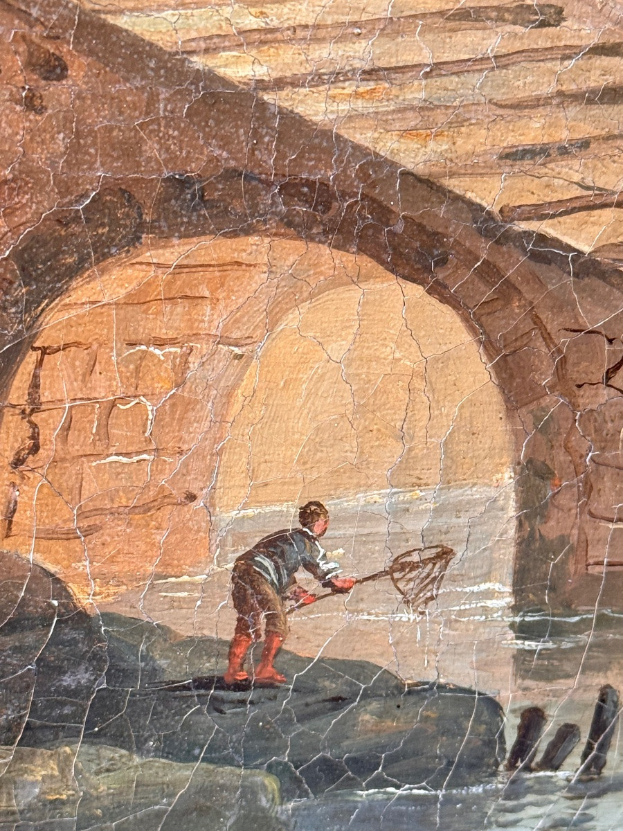 Grande peinture à l’huile – Paysage animé devant une tour de garde – Époque XVIIIe siècle-photo-7