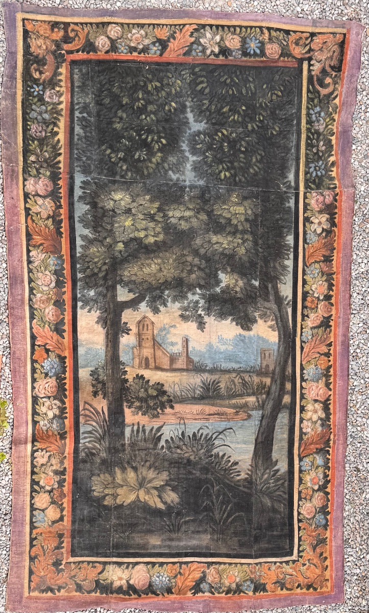 Grande toile peinte provençale XVIIIe – Paysage animé et bordure florale – 2,91 m-photo-2