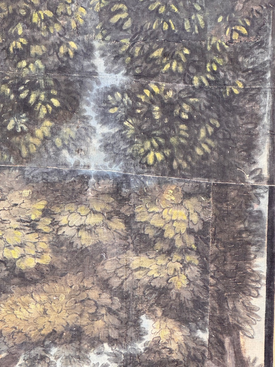 Grande toile peinte provençale XVIIIe – Paysage animé et bordure florale – 2,91 m-photo-3