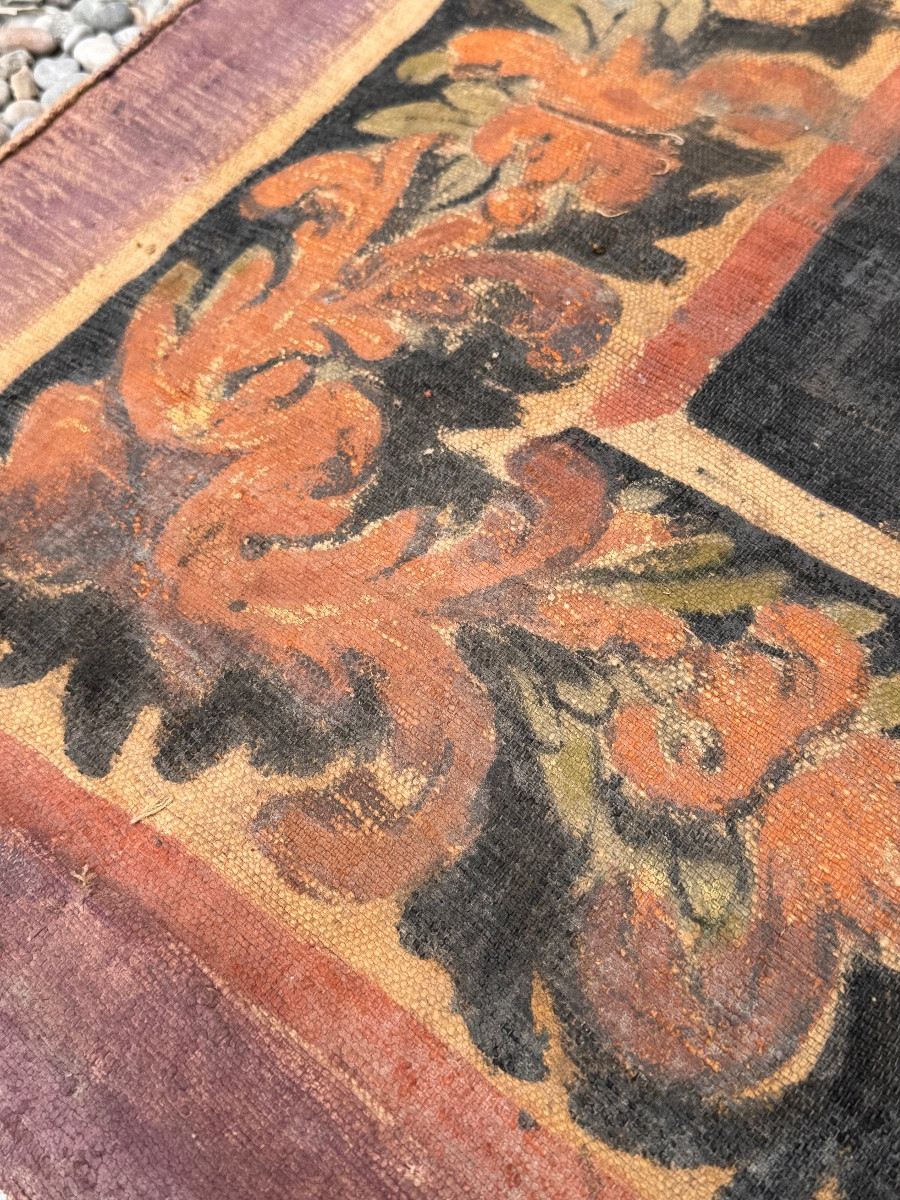 Grande toile peinte provençale XVIIIe – Paysage animé et bordure florale – 2,91 m-photo-2