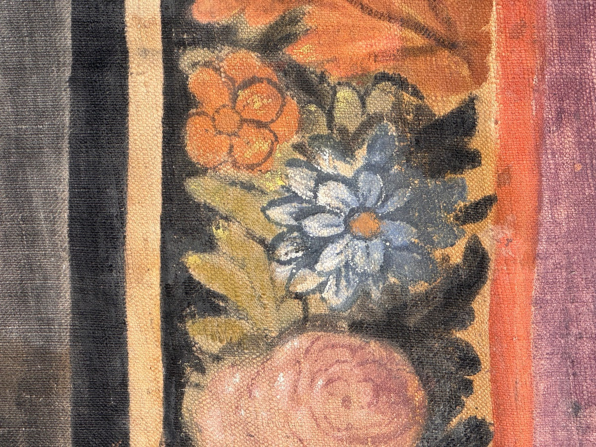 Grande toile peinte provençale XVIIIe – Paysage animé et bordure florale – 2,91 m-photo-3