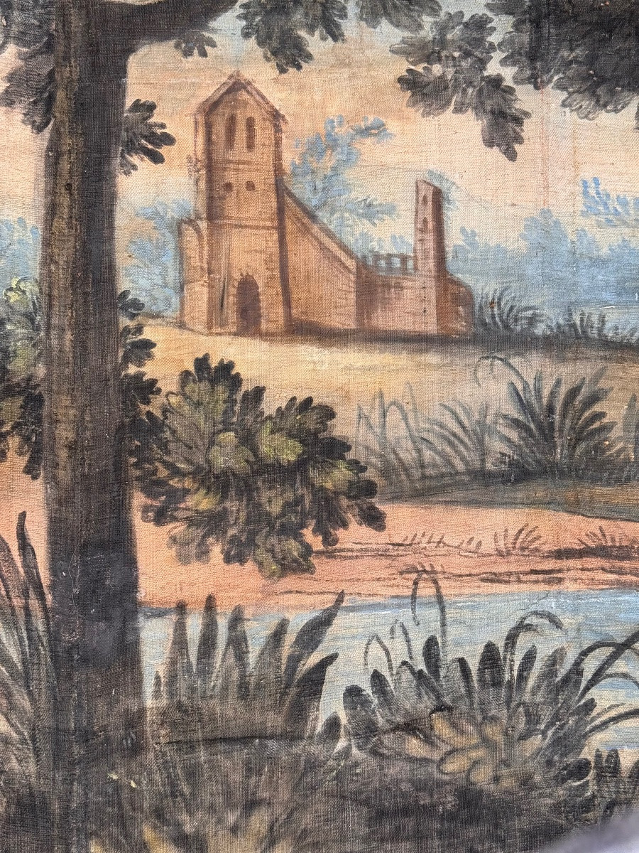 Grande toile peinte provençale XVIIIe – Paysage animé et bordure florale – 2,91 m-photo-4