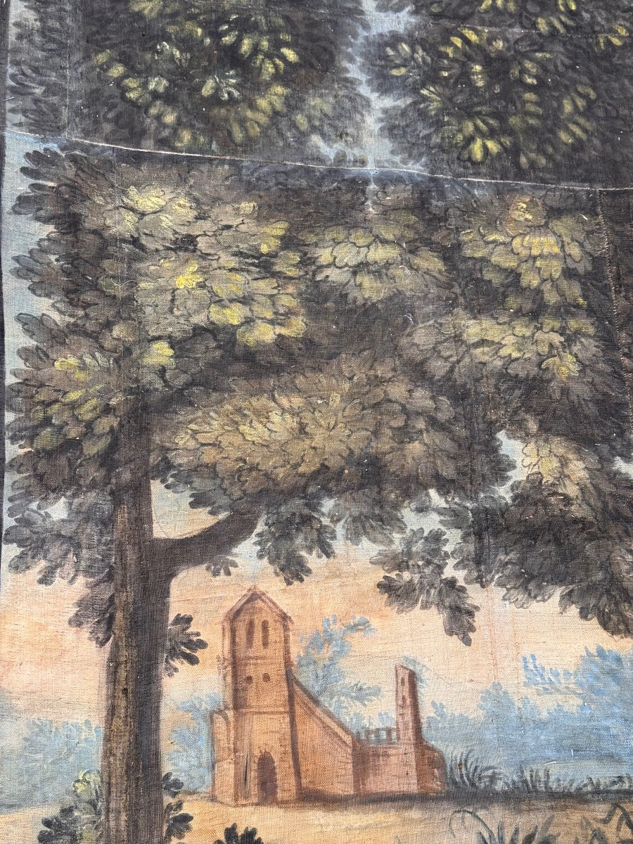 Grande toile peinte provençale XVIIIe – Paysage animé et bordure florale – 2,91 m-photo-6