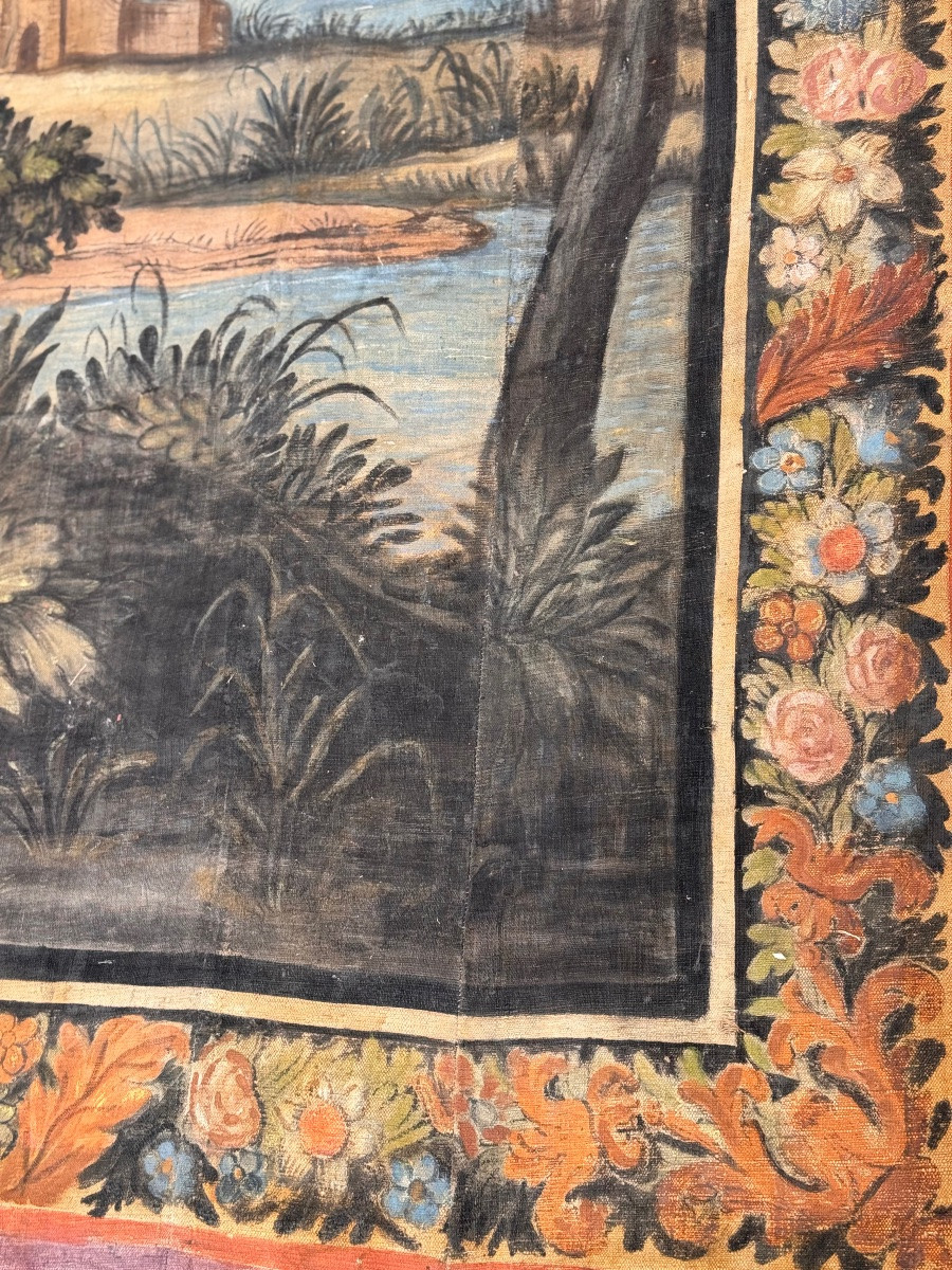 Grande toile peinte provençale XVIIIe – Paysage animé et bordure florale – 2,91 m-photo-7