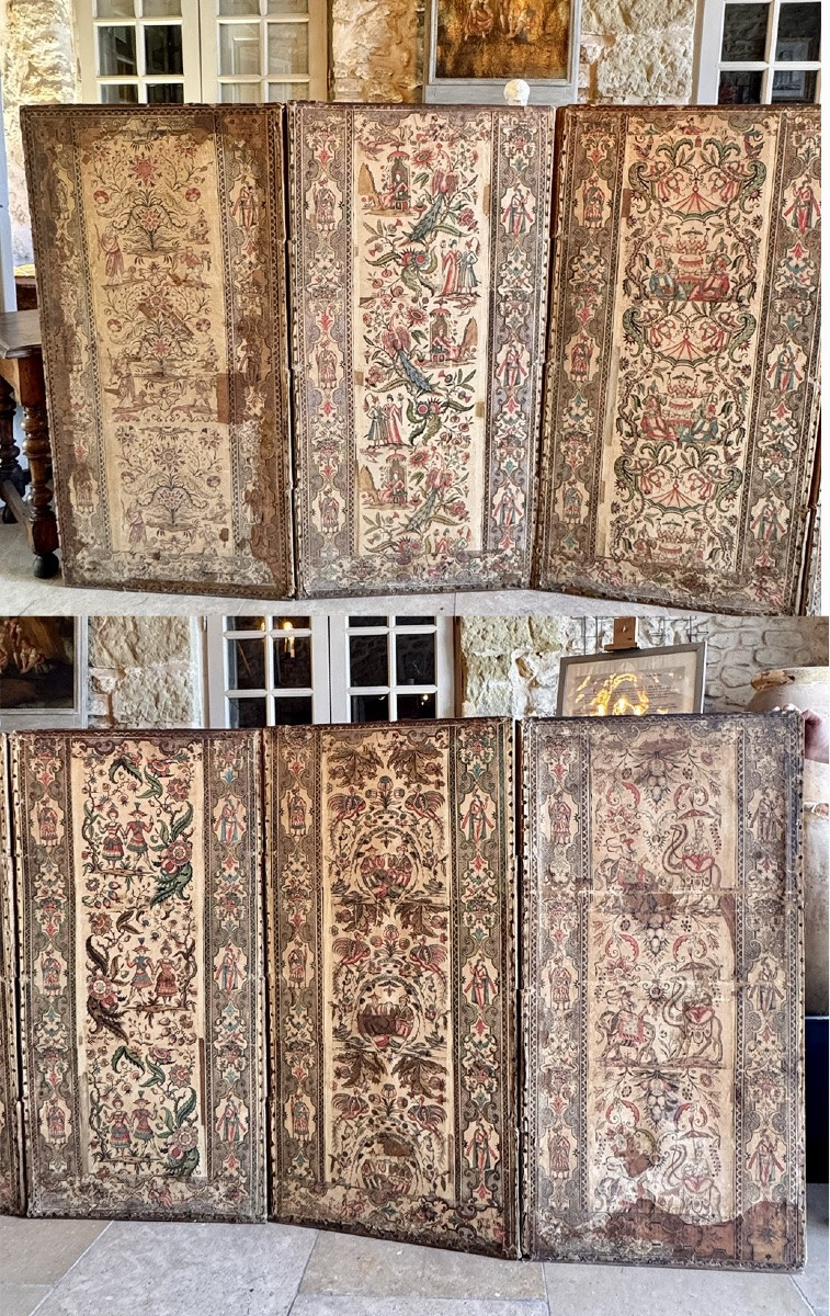 Six-leaf Screen In Double-sided Dominoté Paper, 18th Century-photo-2