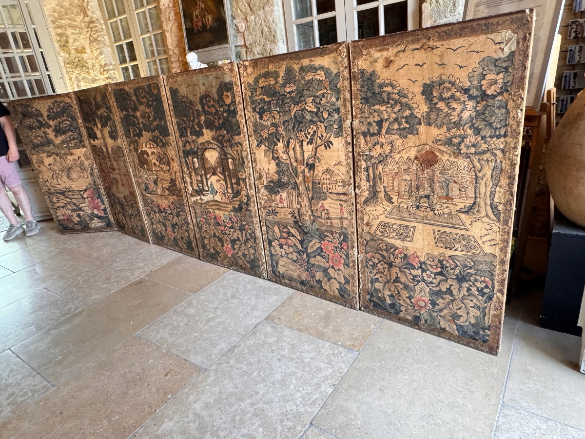 Six-leaf Screen In Double-sided Dominoté Paper, 18th Century-photo-3