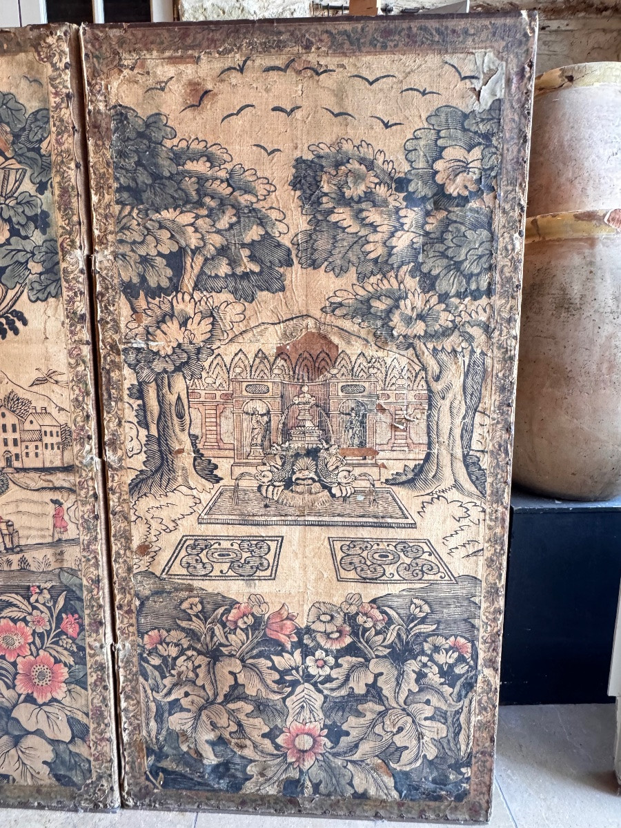 Six-leaf Screen In Double-sided Dominoté Paper, 18th Century-photo-4