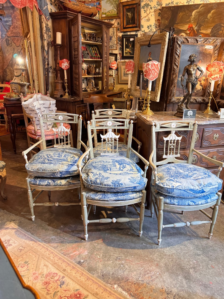 Suite Of 4 Small Louis XVI - Directoire Period Armchairs, Openwork Backs With Pagoda Decor,-photo-2