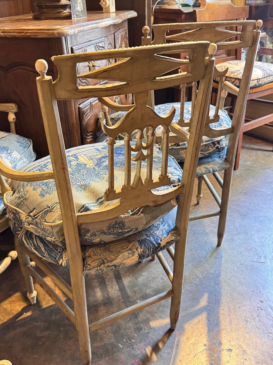 Suite Of 4 Small Louis XVI - Directoire Period Armchairs, Openwork Backs With Pagoda Decor,-photo-3