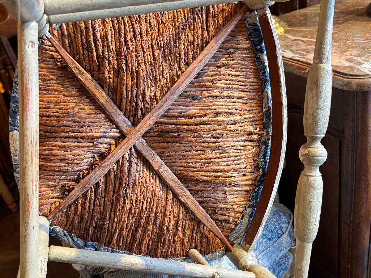 Suite Of 4 Small Louis XVI - Directoire Period Armchairs, Openwork Backs With Pagoda Decor,-photo-4