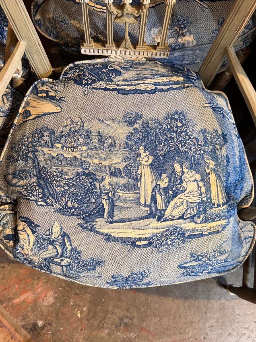 Suite Of 4 Small Louis XVI - Directoire Period Armchairs, Openwork Backs With Pagoda Decor,-photo-2