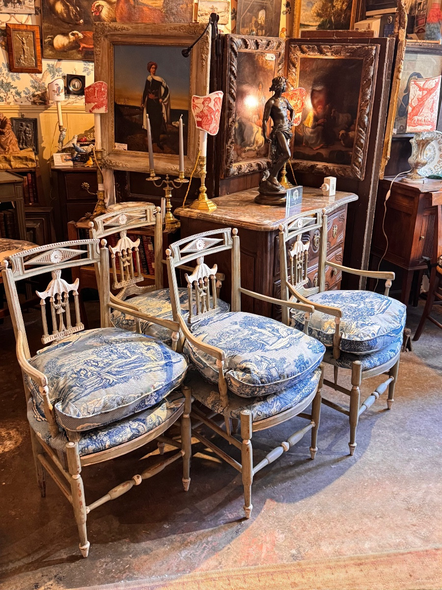 Suite Of 4 Small Louis XVI - Directoire Period Armchairs, Openwork Backs With Pagoda Decor,