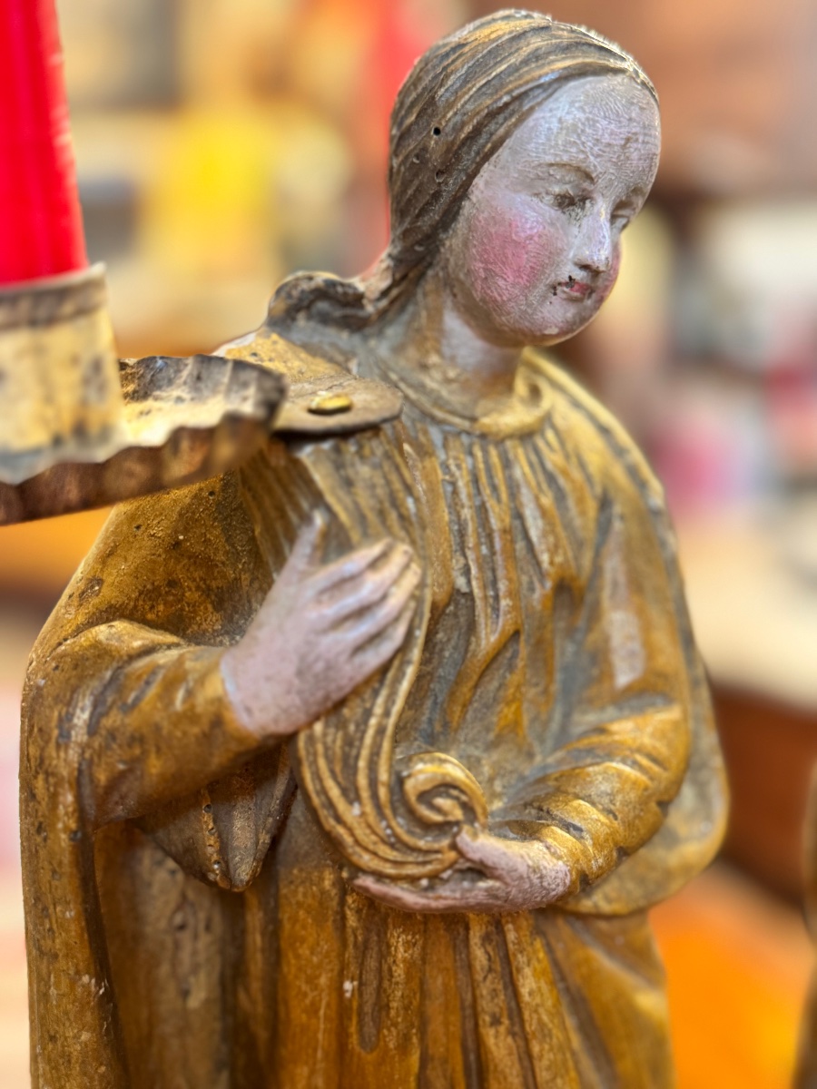 Pair Of Carved, Gilded And Polychrome Wood Angels - 18th Century-photo-2
