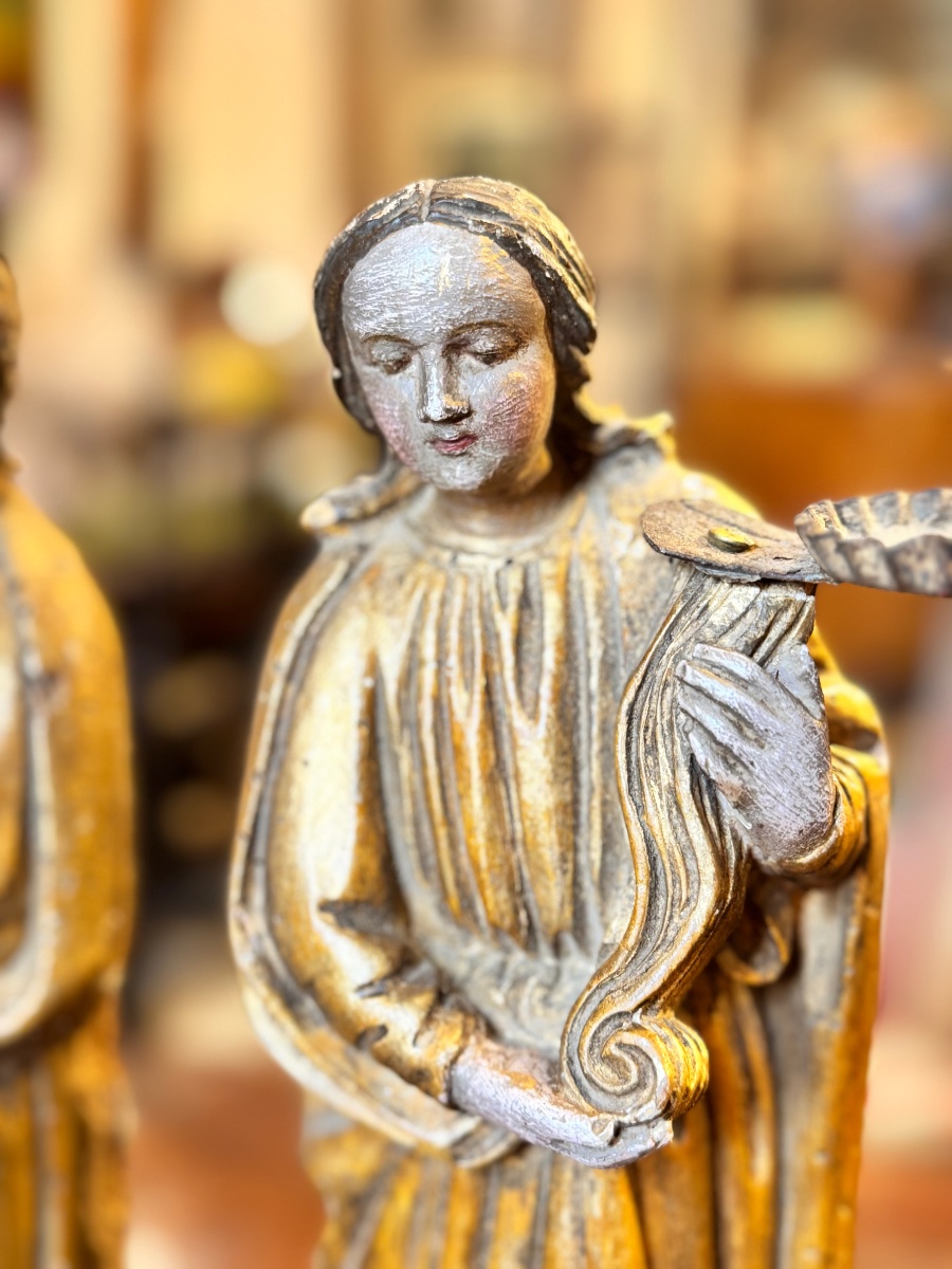 Pair Of Carved, Gilded And Polychrome Wood Angels - 18th Century-photo-3
