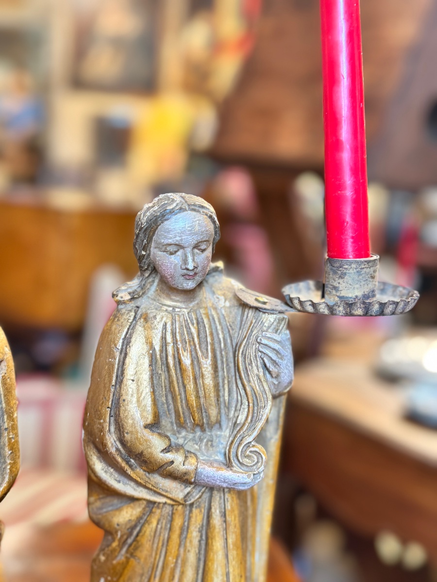 Pair Of Carved, Gilded And Polychrome Wood Angels - 18th Century-photo-1