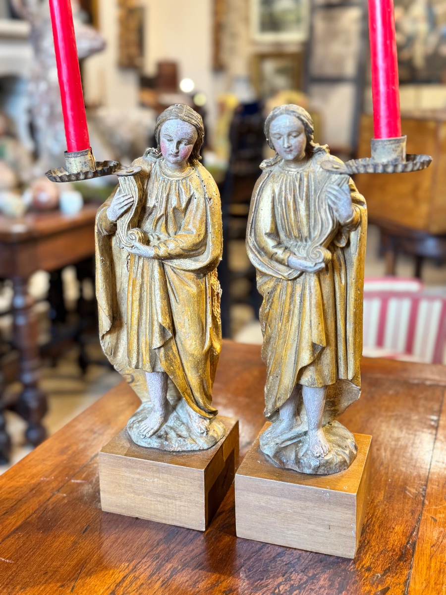 Pair Of Carved, Gilded And Polychrome Wood Angels - 18th Century-photo-2