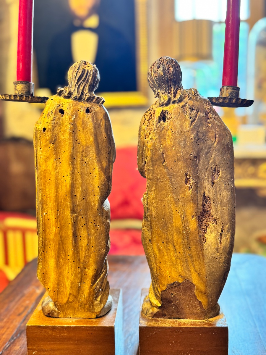Pair Of Carved, Gilded And Polychrome Wood Angels - 18th Century-photo-4
