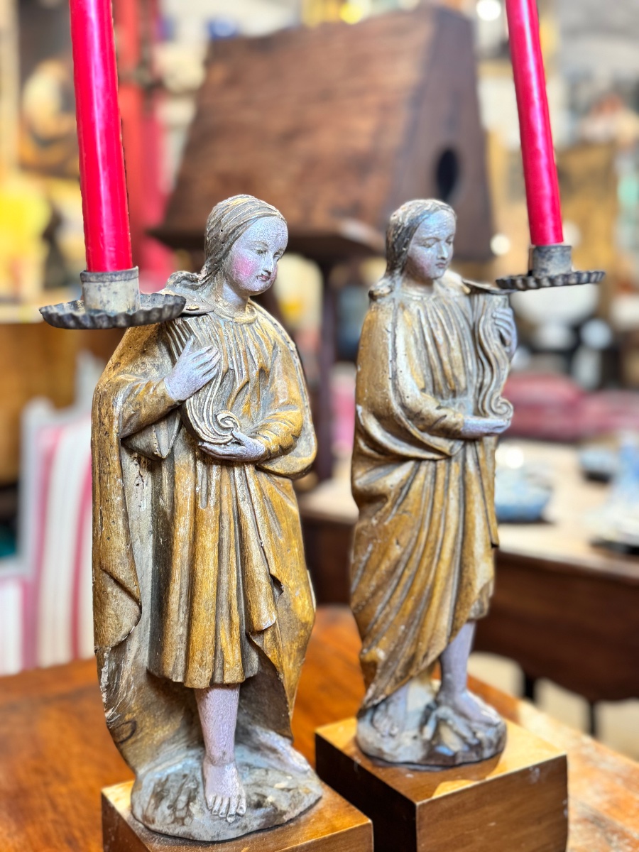 Pair Of Carved, Gilded And Polychrome Wood Angels - 18th Century