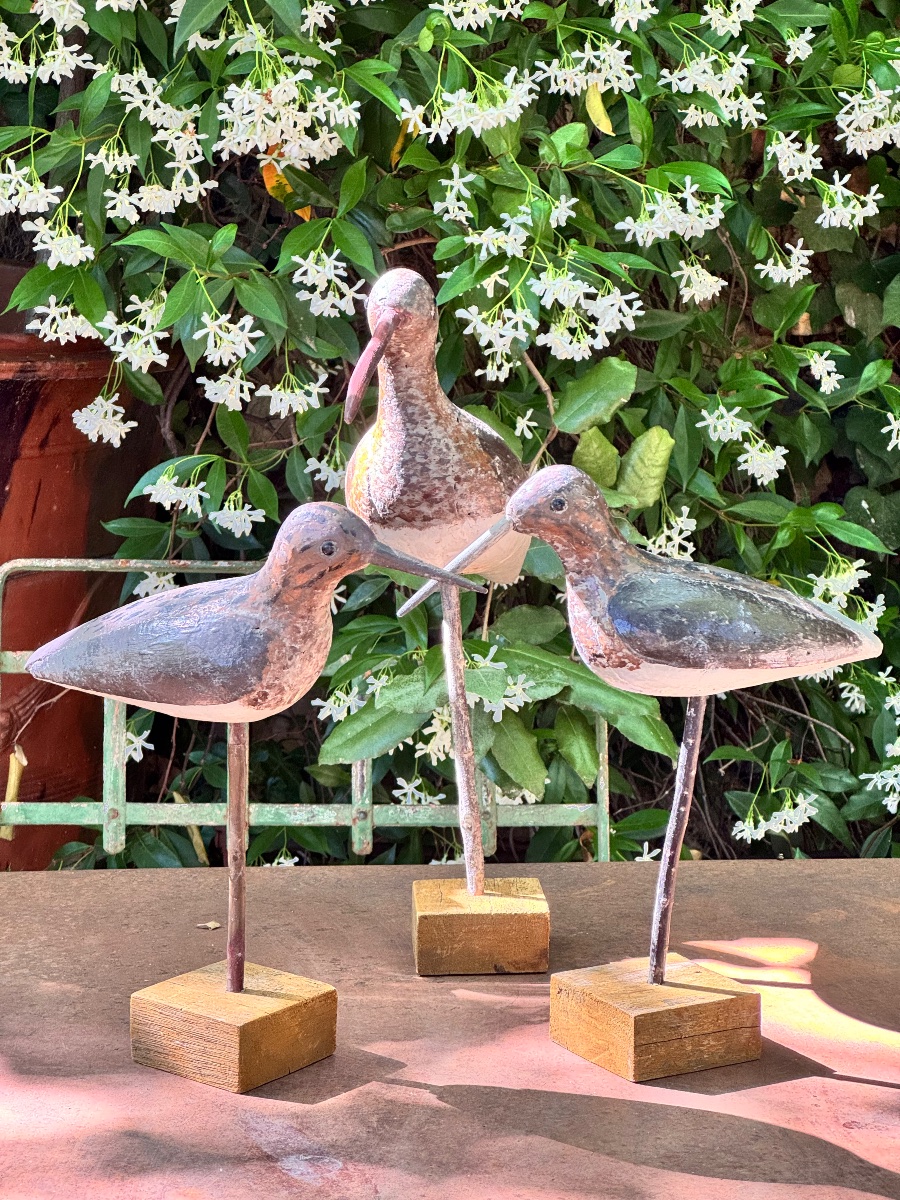 Trois échassiers en bois sculpté polychrome – Camargue, debut XXe siècle