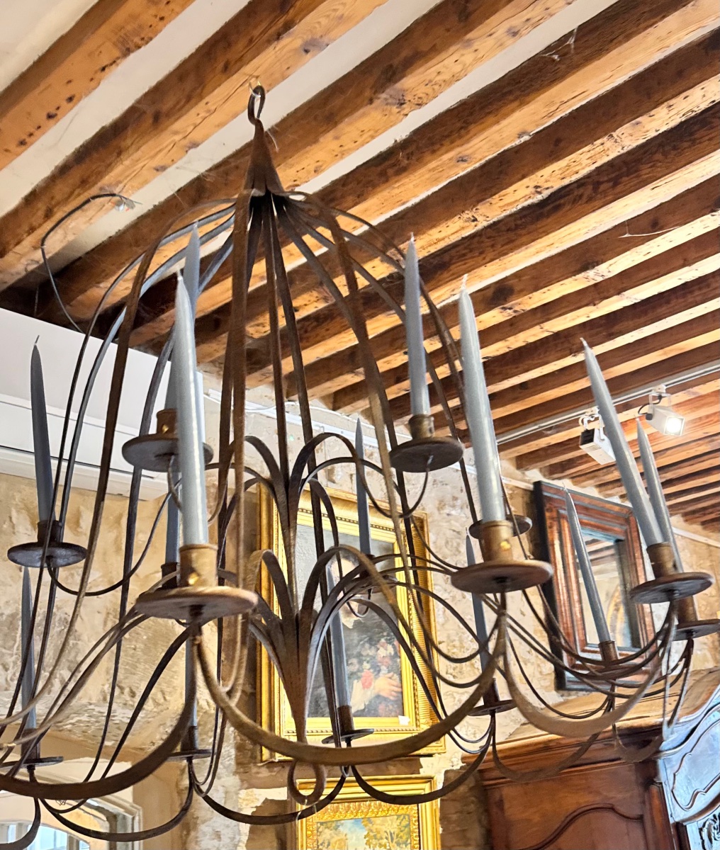 Very Large Flat Wrought-iron Chandelier, Late 19th Century-photo-2