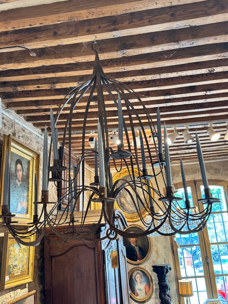 Very Large Flat Wrought-iron Chandelier, Late 19th Century-photo-2