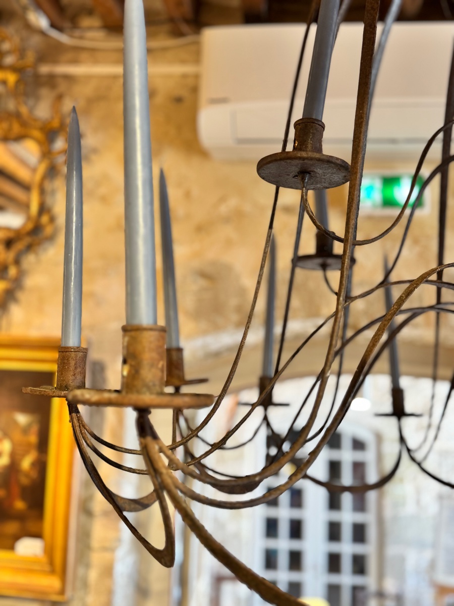 Very Large Flat Wrought-iron Chandelier, Late 19th Century-photo-3