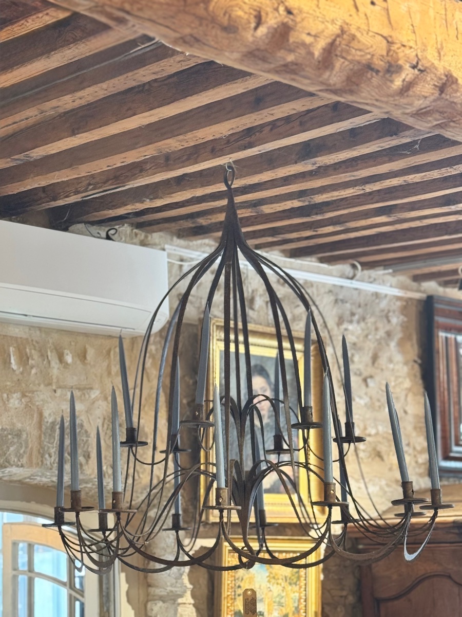 Very Large Flat Wrought-iron Chandelier, Late 19th Century-photo-5
