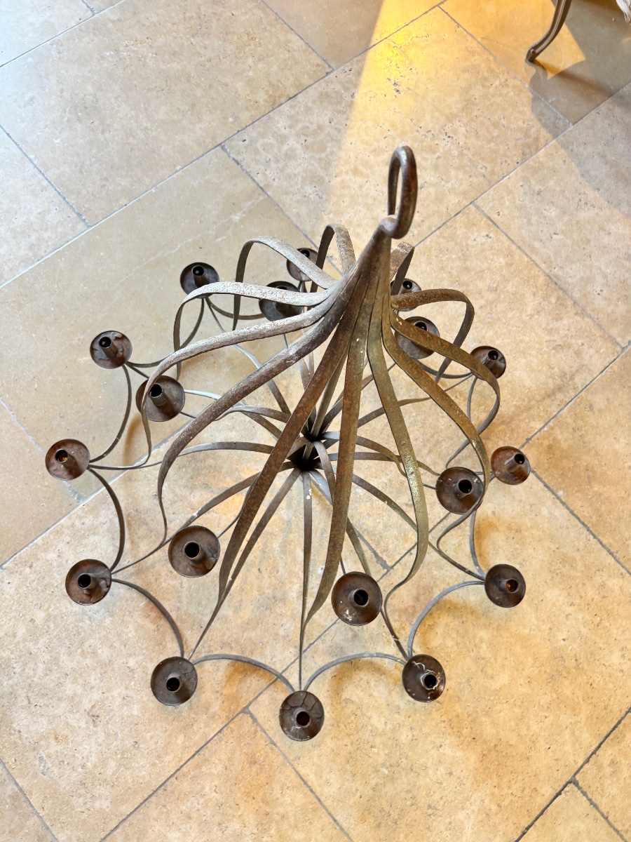 Very Large Flat Wrought-iron Chandelier, Late 19th Century-photo-8