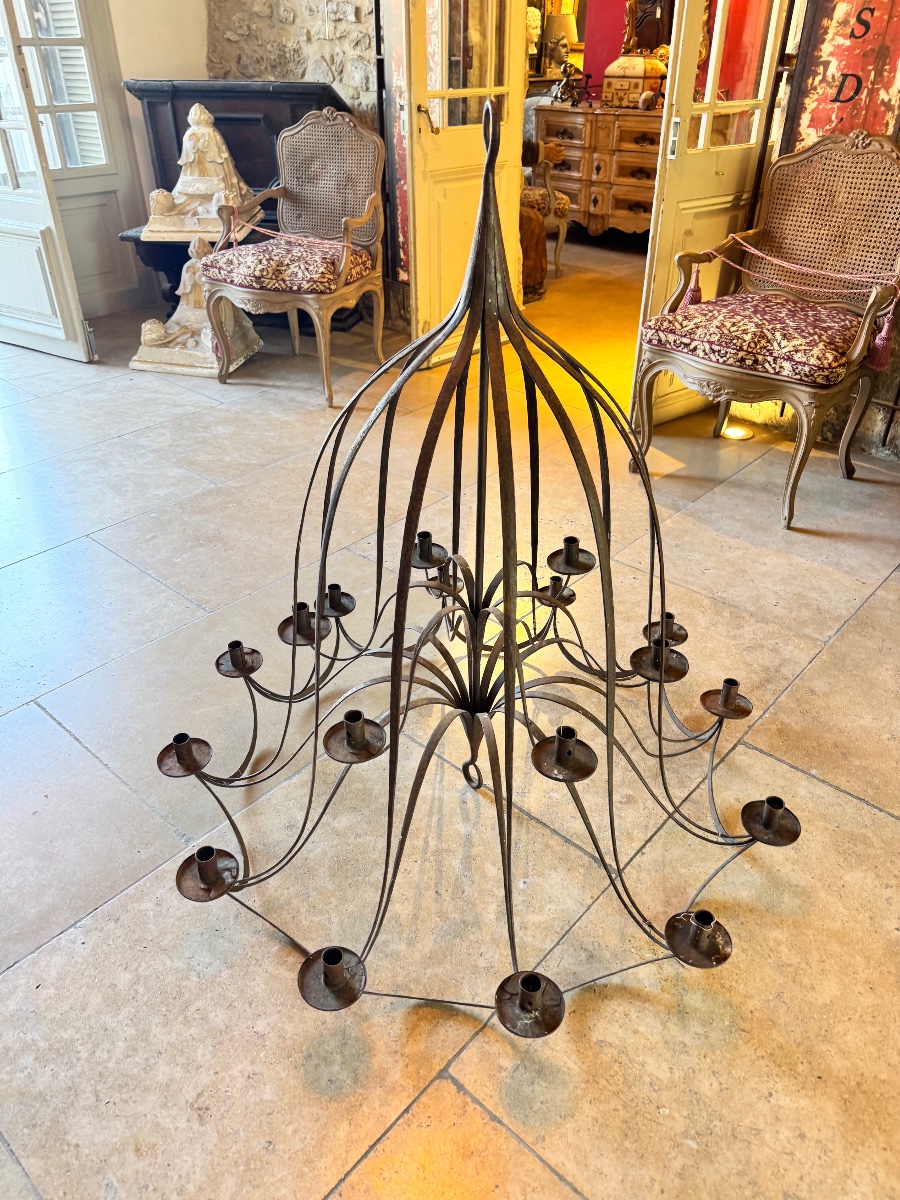 Very Large Flat Wrought-iron Chandelier, Late 19th Century