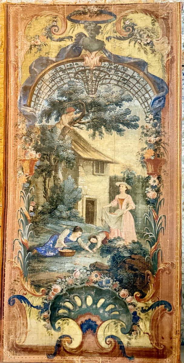 Large Provençal Painted Canvas From Aix-en-provence – 18th-century Pastoral Scene