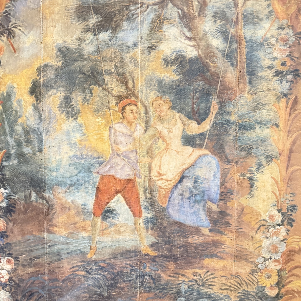 Large 18th-century Provençal Decorative Panel – A Romantic Scene Featuring A Swing-photo-4