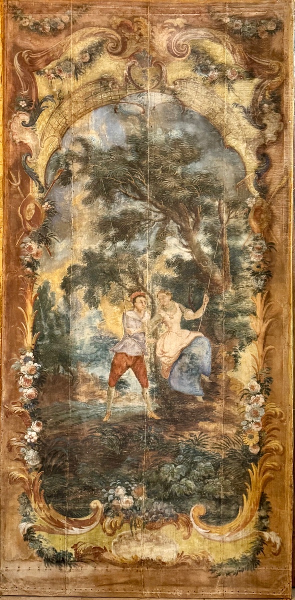 Large 18th-century Provençal Decorative Panel – A Romantic Scene Featuring A Swing