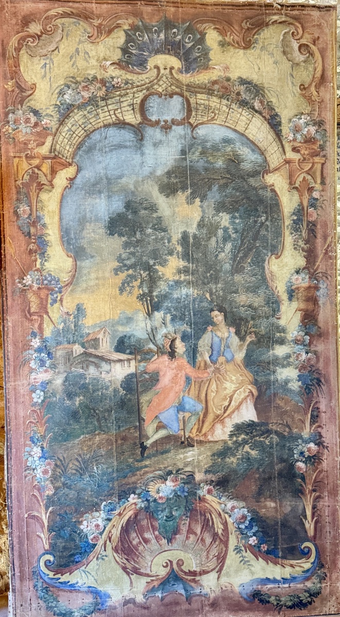 Grand panneau décoratif provençal du XVIIIᵉ siècle – Scène galante dans un paysage champêtre