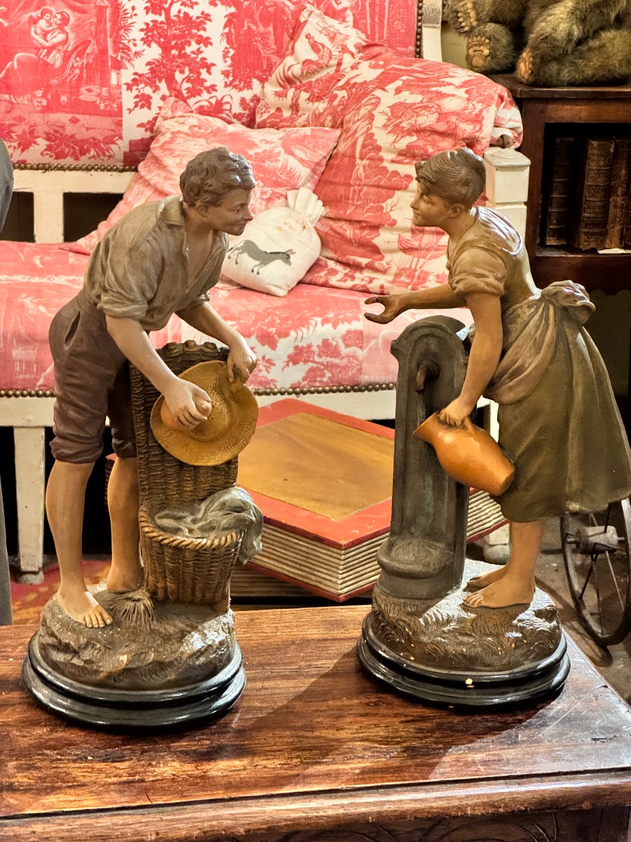 Joseph Le Guluche – Paire de terres cuites polychromes, sujets populaires, fabrication français-photo-3