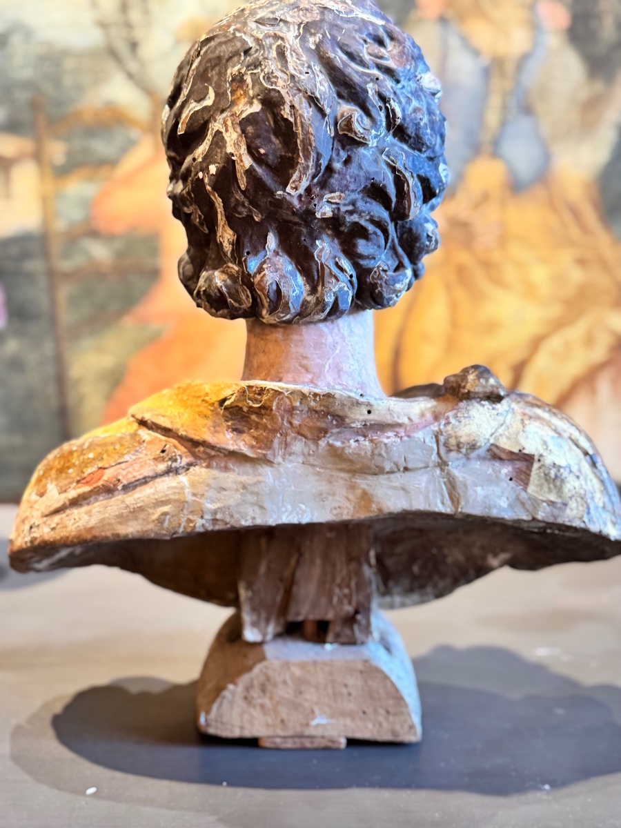 Buste reliquaire de saint en bois sculpté, polychromé et doré, époque XVIIIe siècle-photo-2
