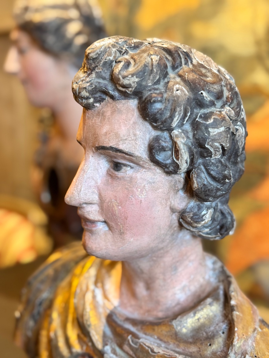 Buste reliquaire de saint en bois sculpté, polychromé et doré, époque XVIIIe siècle-photo-4