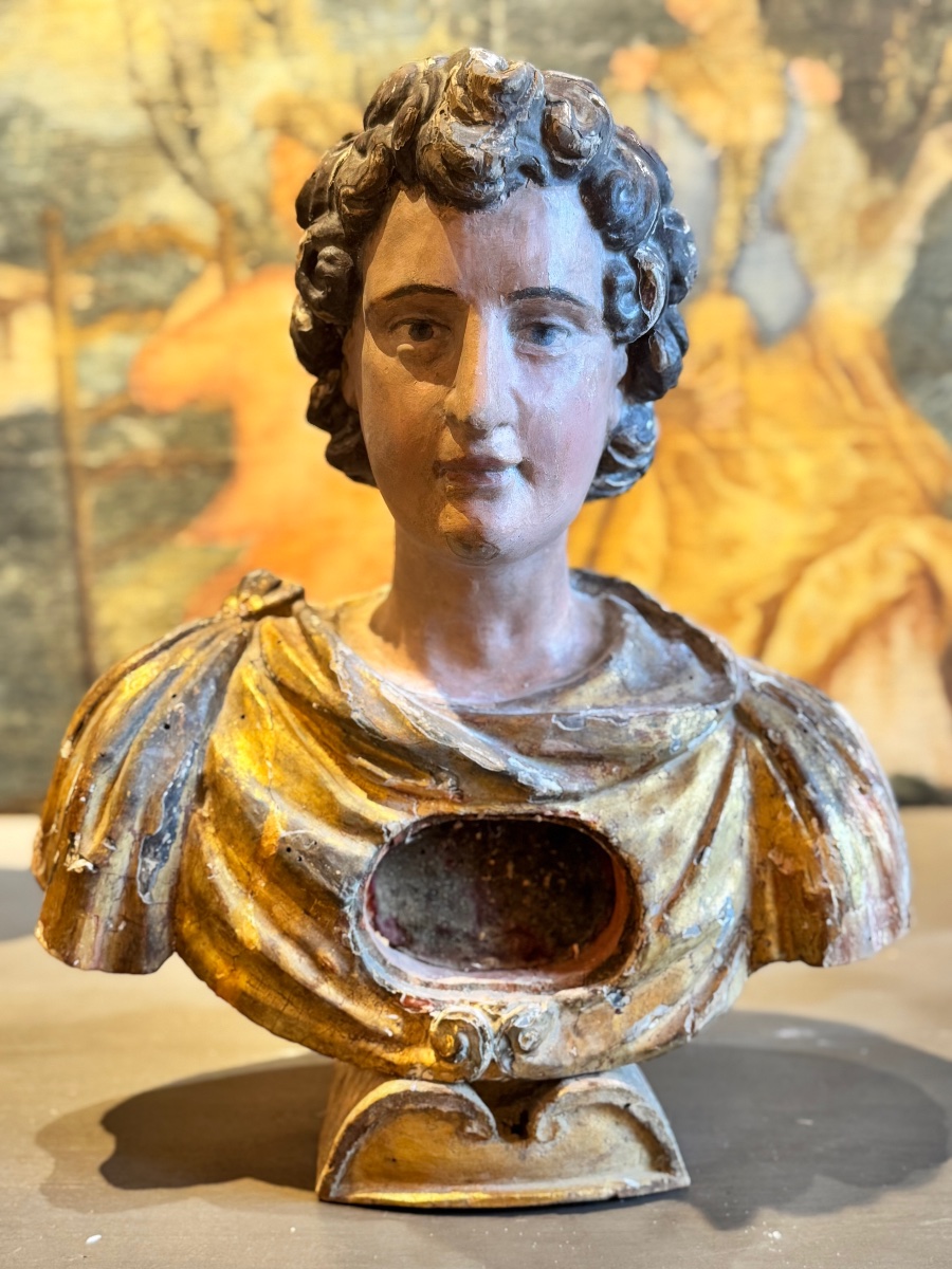 Buste reliquaire de saint en bois sculpté, polychromé et doré, époque XVIIIe siècle-photo-6