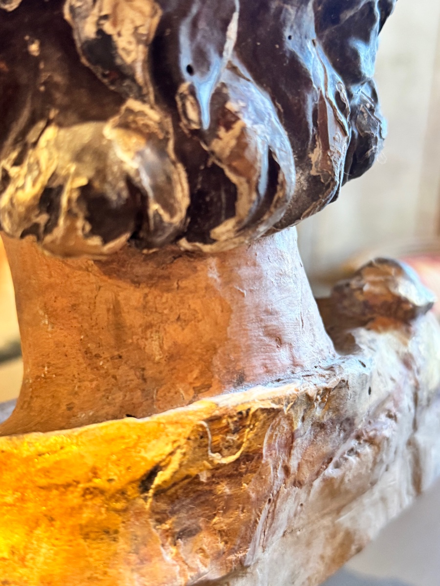 Buste reliquaire de saint en bois sculpté, polychromé et doré, époque XVIIIe siècle-photo-7