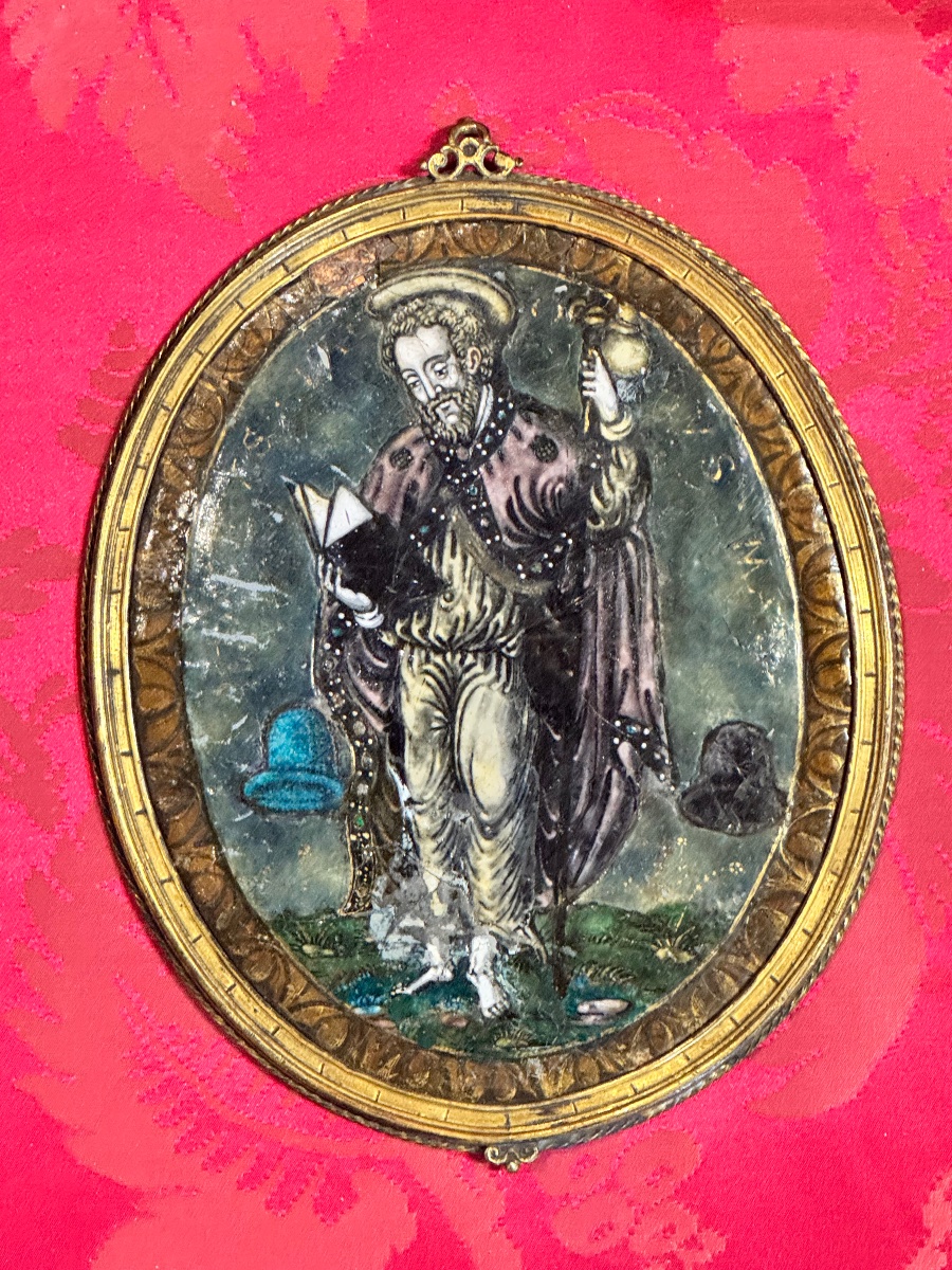 Painted Limoges Enamel Depicting A Saint, In A Rare Gilded Bronze Frame – Late 16th Century 