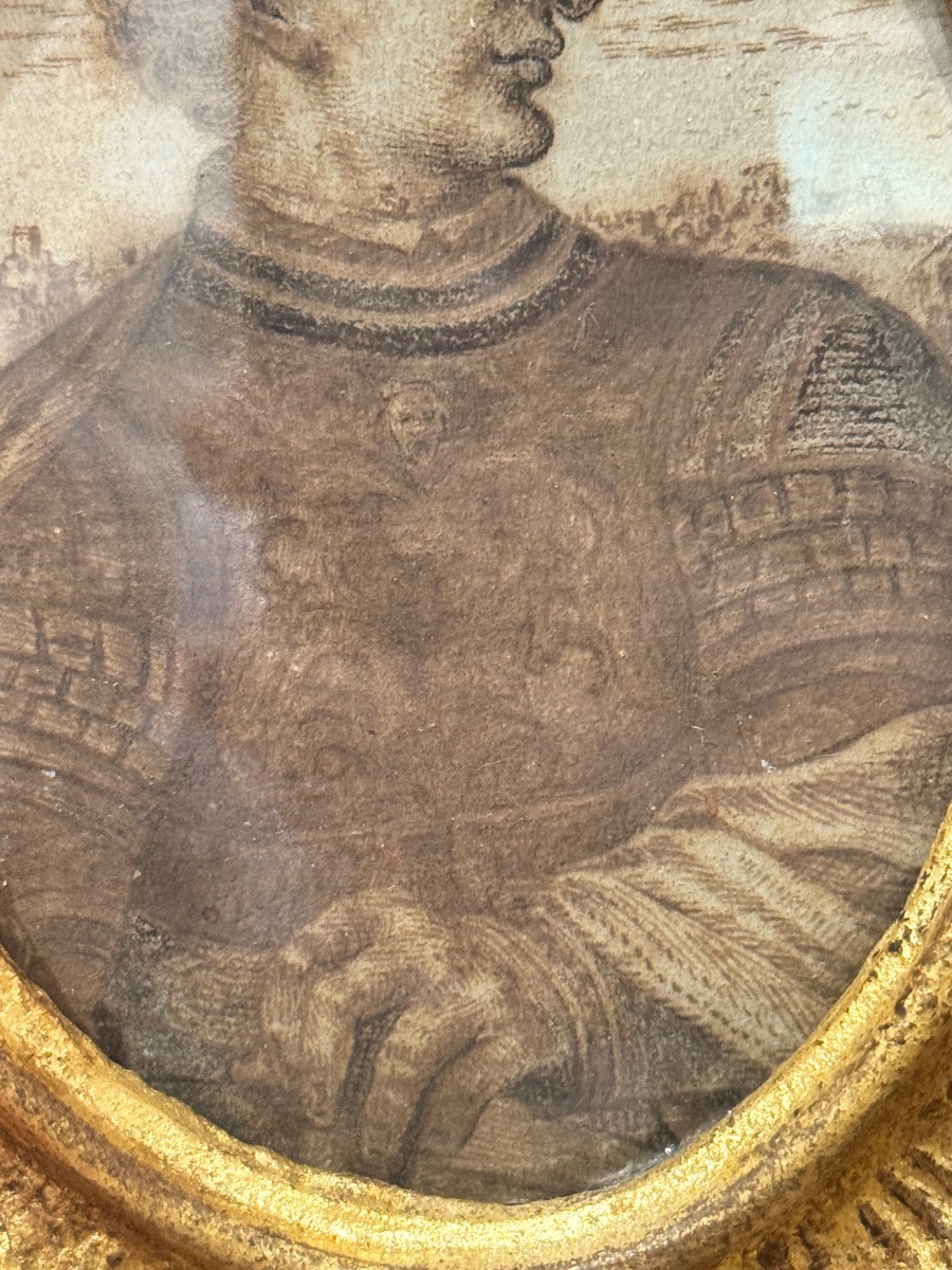 Portrait d’un condottiere italien du XVIe siècle dans un ancien cadre rocaille doré-photo-2